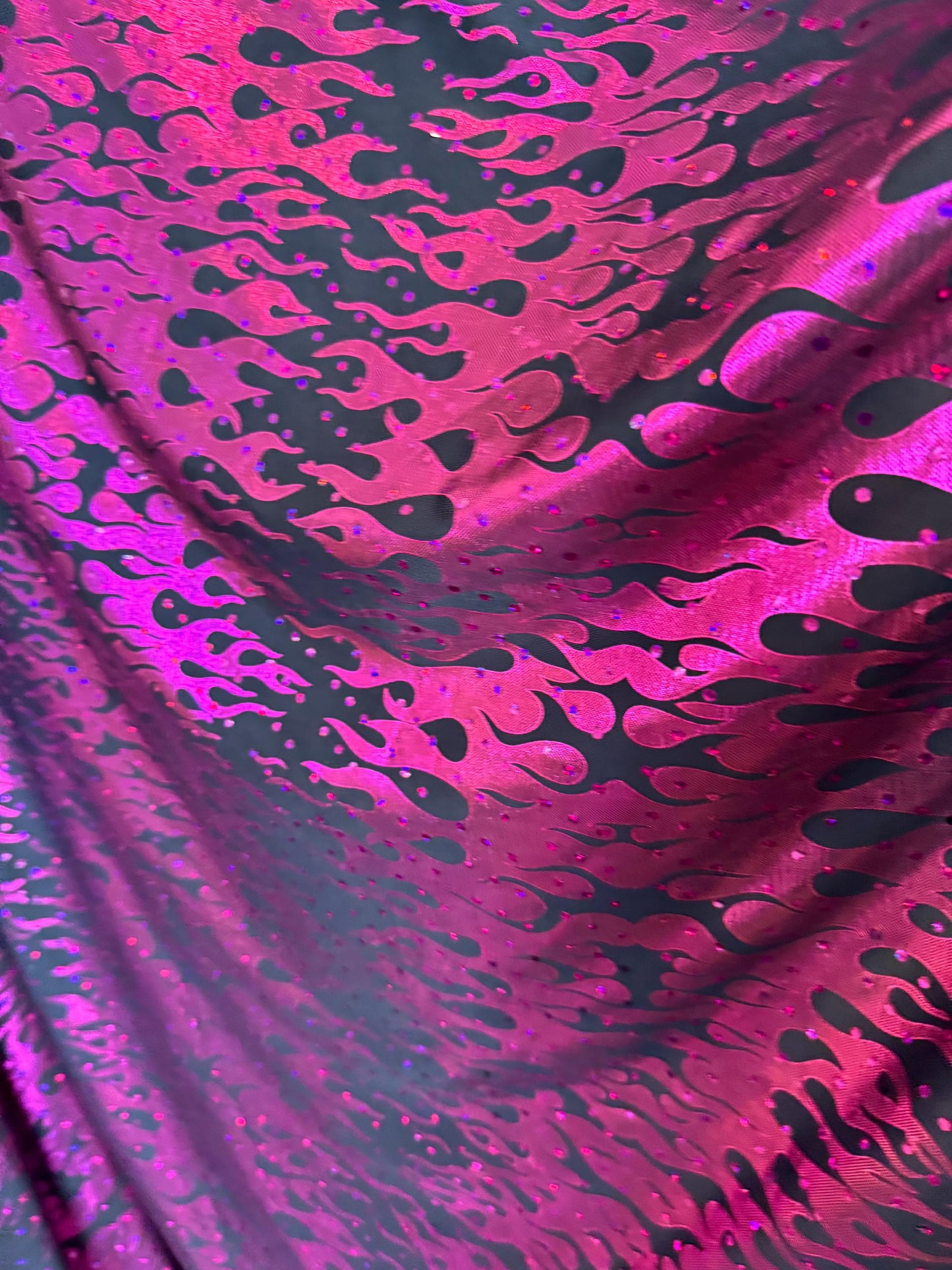 New Flames hologram metallic design print on poly spandex 2-way stretch 58/60”sold by the YD.Ships worldwide from Los Angeles CA