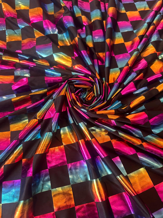 New Metallic Checkered design design print on poly spandex 2-way stretch 58/60”sold by the YD.Ships worldwide from Los Angeles CA