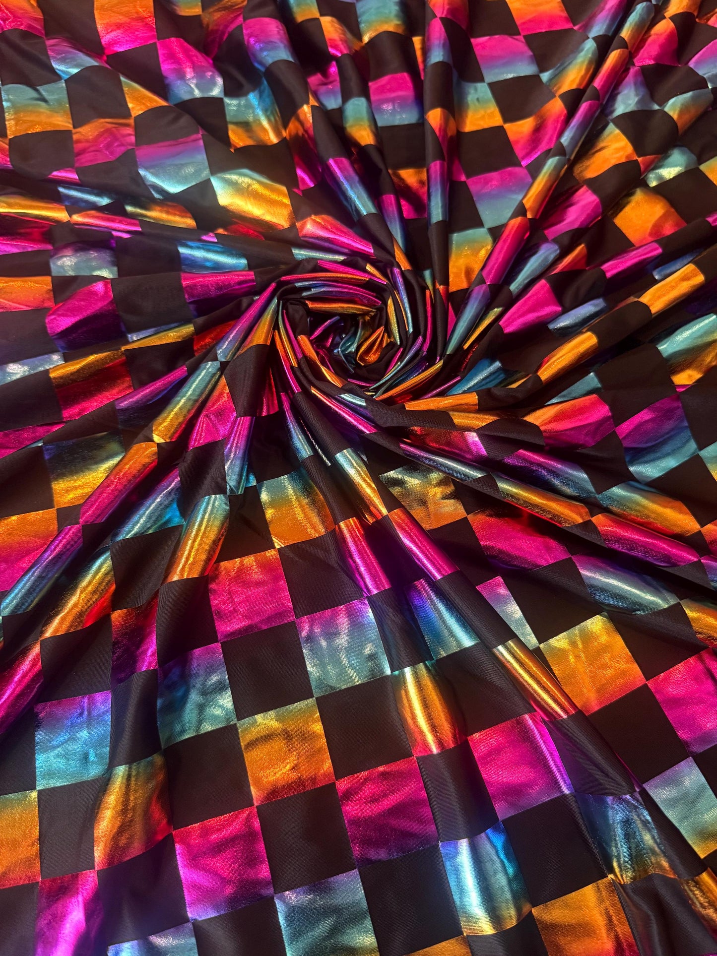 New Metallic Checkered design design print on poly spandex 2-way stretch 58/60”sold by the YD.Ships worldwide from Los Angeles CA
