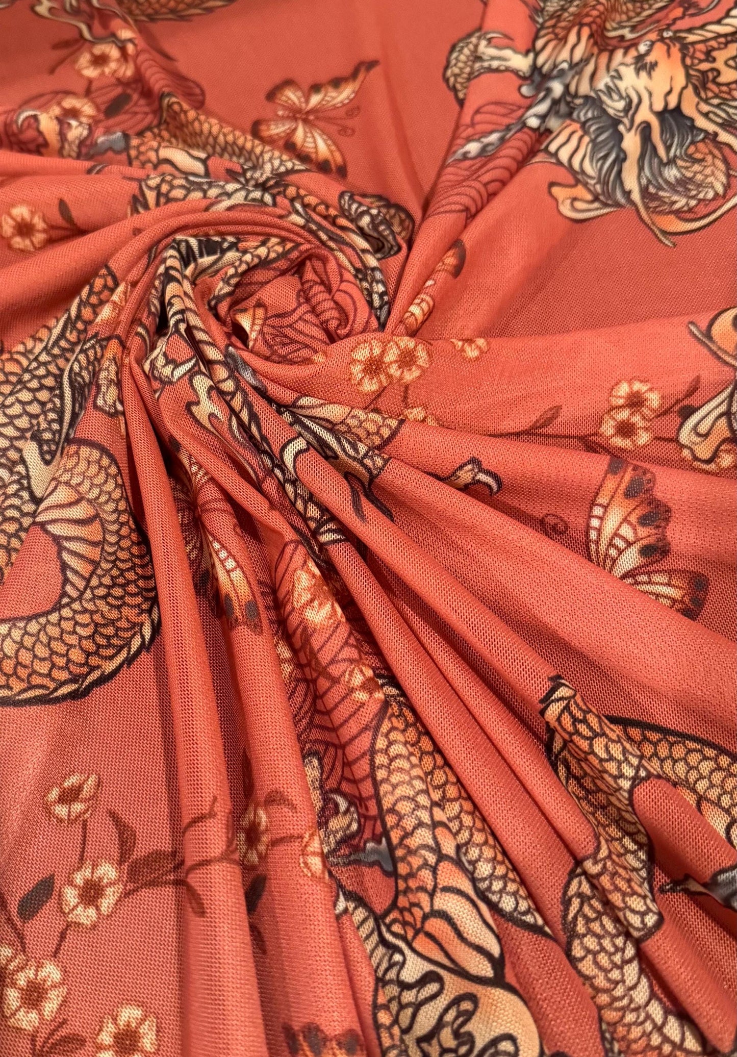 New Chinese Dragon design power mesh nylon spandex 4-way stretch 58/60”sold by the YD.ships worldwide from Los Angeles California USA