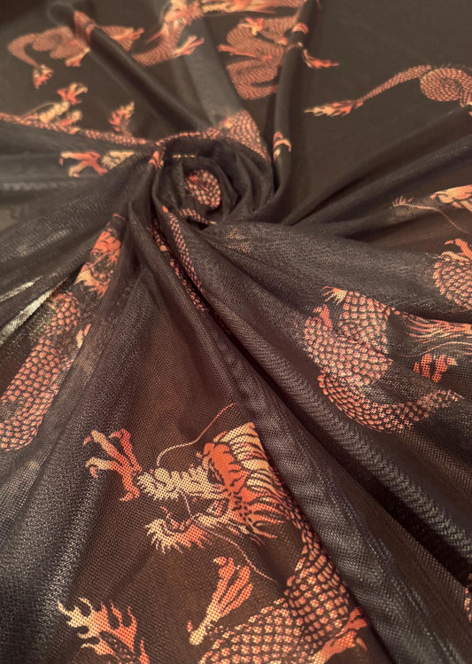 Magical dragon design print on  nylon spandex 4-way stretch 58/60”sold by the YD. ships worldwide from Los Angeles California