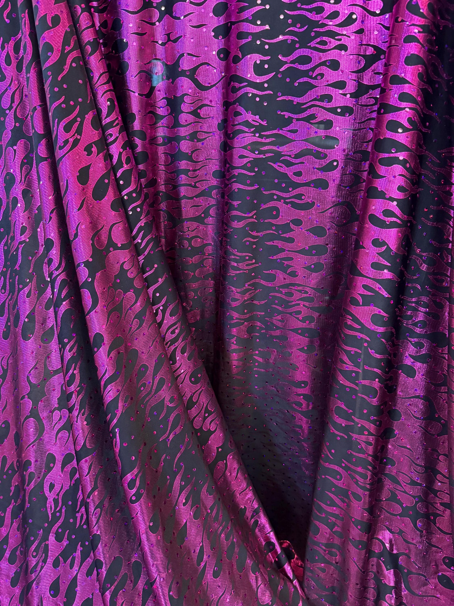 New Flames hologram metallic design print on poly spandex 2-way stretch 58/60”sold by the YD.Ships worldwide from Los Angeles CA
