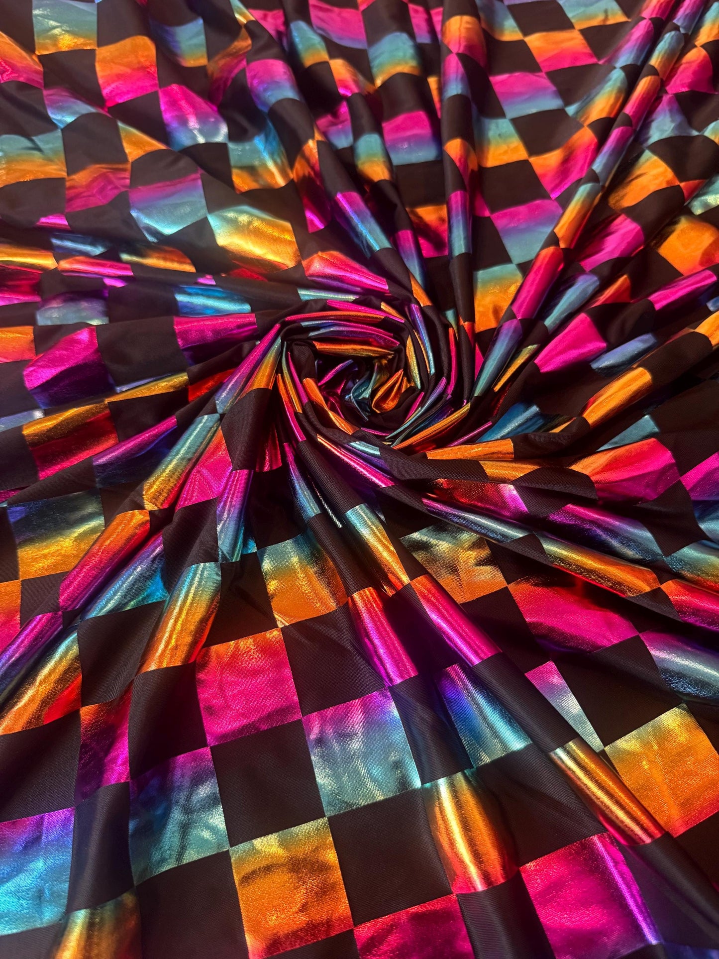 New Metallic Checkered design design print on poly spandex 2-way stretch 58/60”sold by the YD.Ships worldwide from Los Angeles CA