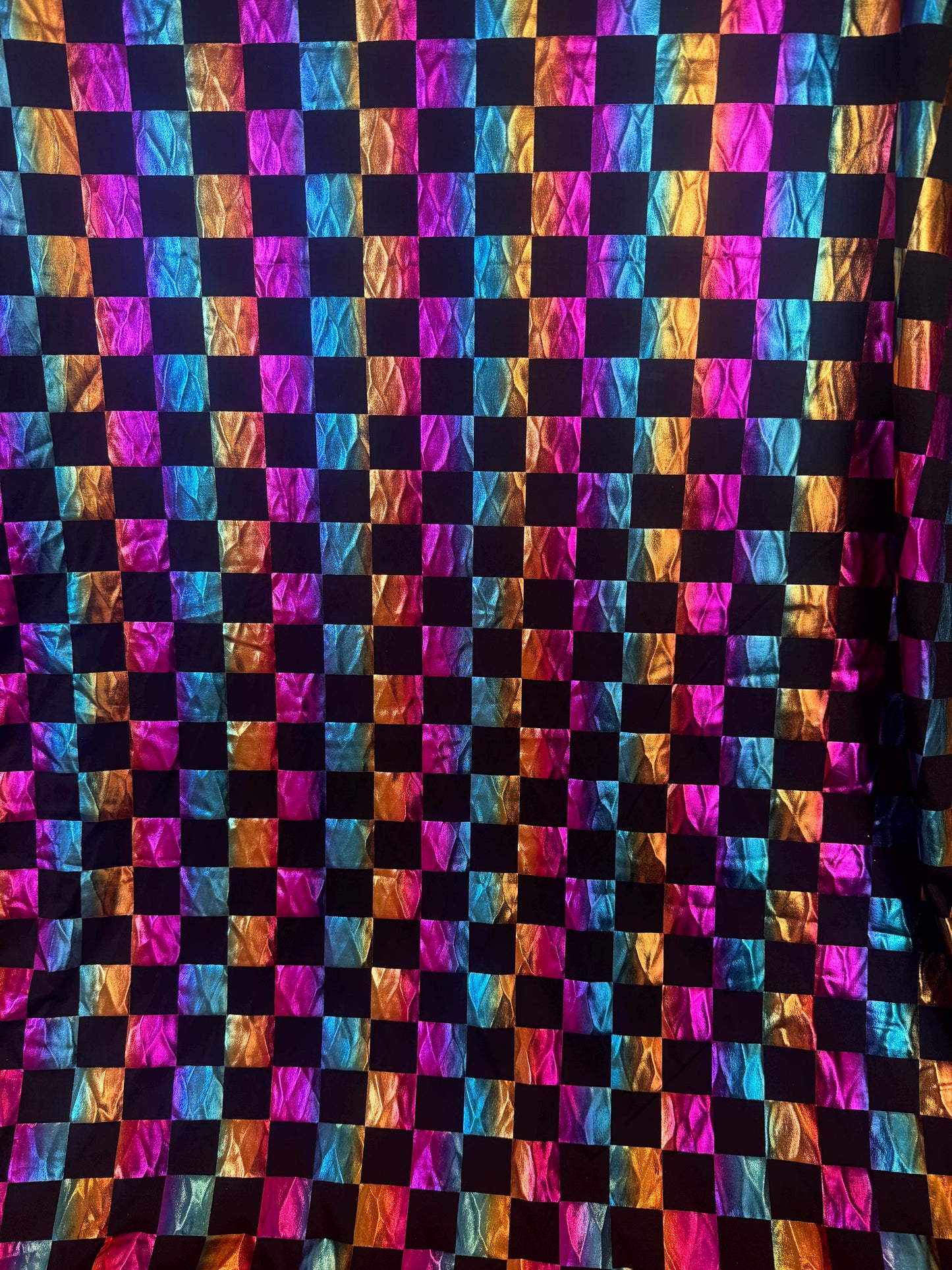 New Metallic Checkered design design print on poly spandex 2-way stretch 58/60”sold by the YD.Ships worldwide from Los Angeles CA