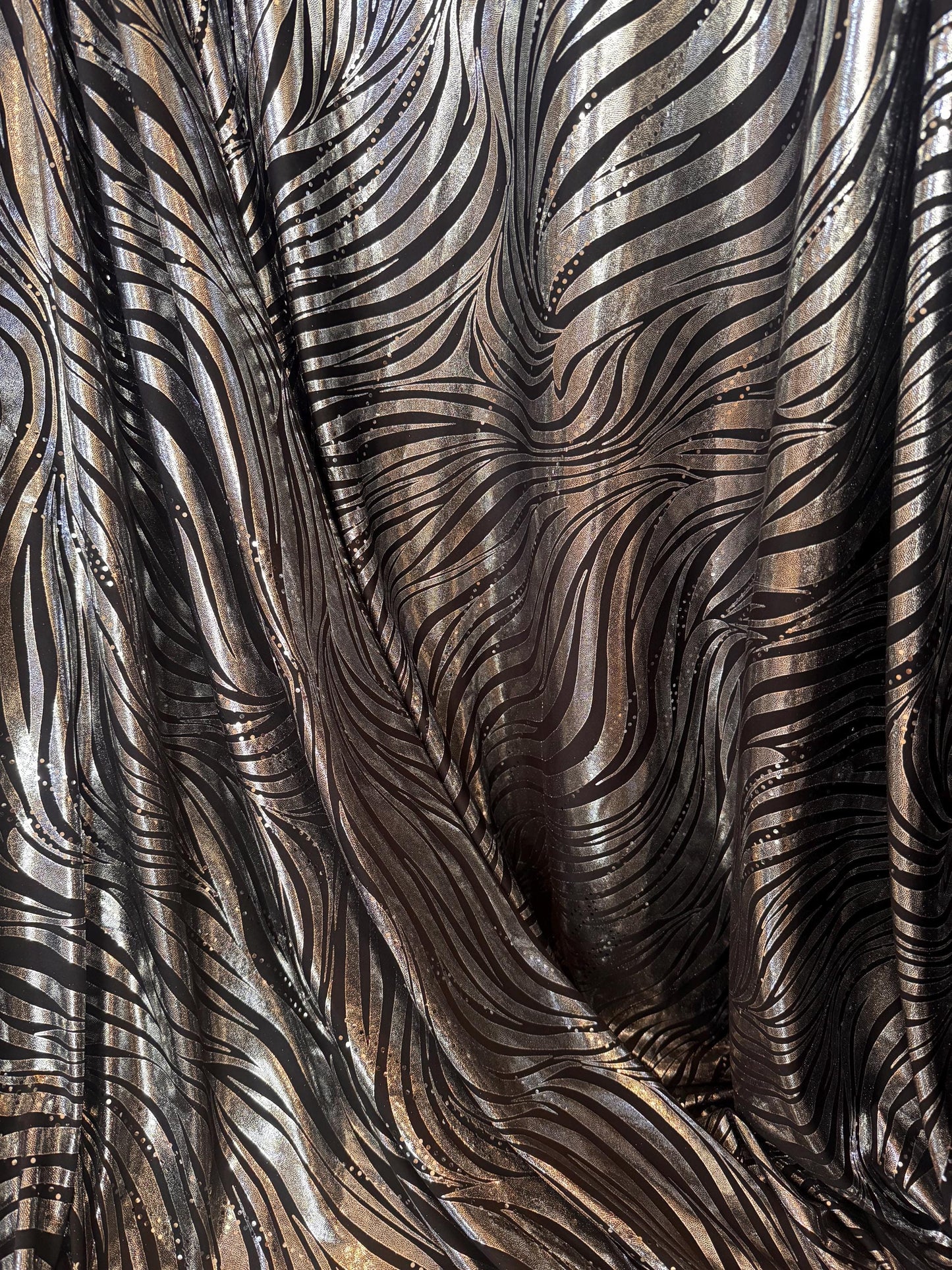 New Metallic zebra design design print on poly spandex 2-way stretch 58/60”sold by the YD.Ships worldwide from Los Angeles CA