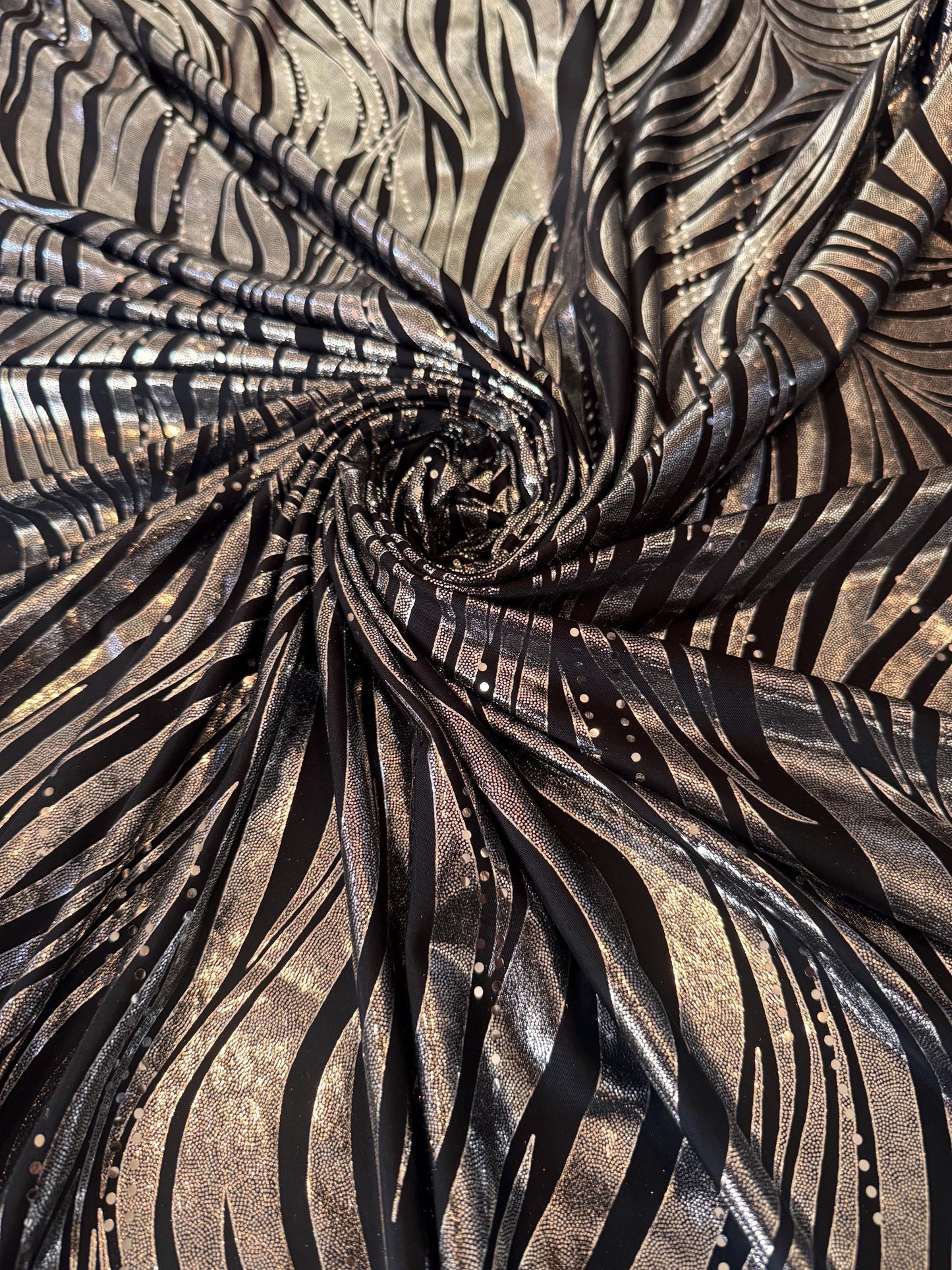 New Metallic zebra design design print on poly spandex 2-way stretch 58/60”sold by the YD.Ships worldwide from Los Angeles CA