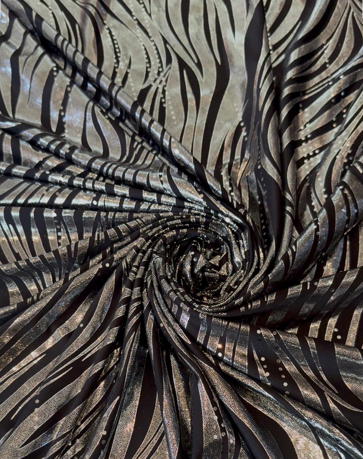 New Metallic zebra design design print on poly spandex 2-way stretch 58/60”sold by the YD.Ships worldwide from Los Angeles CA