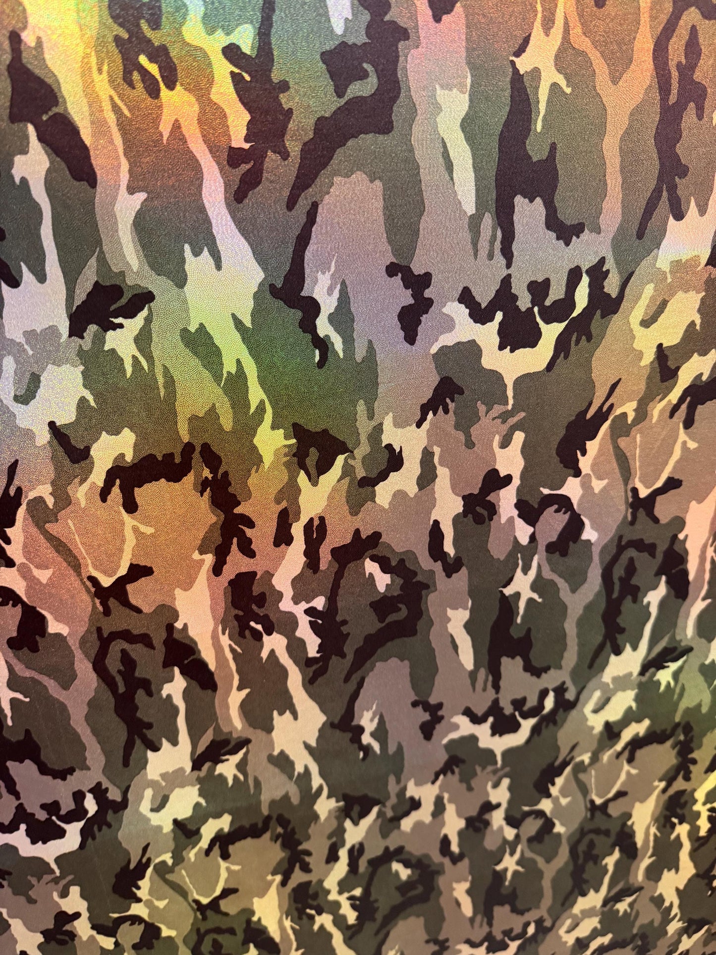 New Iridescent Army Camouflage design print on metallic nylon spandex 4-way stretch 58/60”Sold by the YD.Ships worldwide from Los Angeles CA