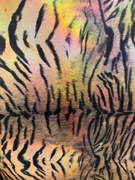 New Iridescent Luxury Exotic tiger design print on holograma metallic nylon spandex 4way stretch 58/60”Sold by the YD.