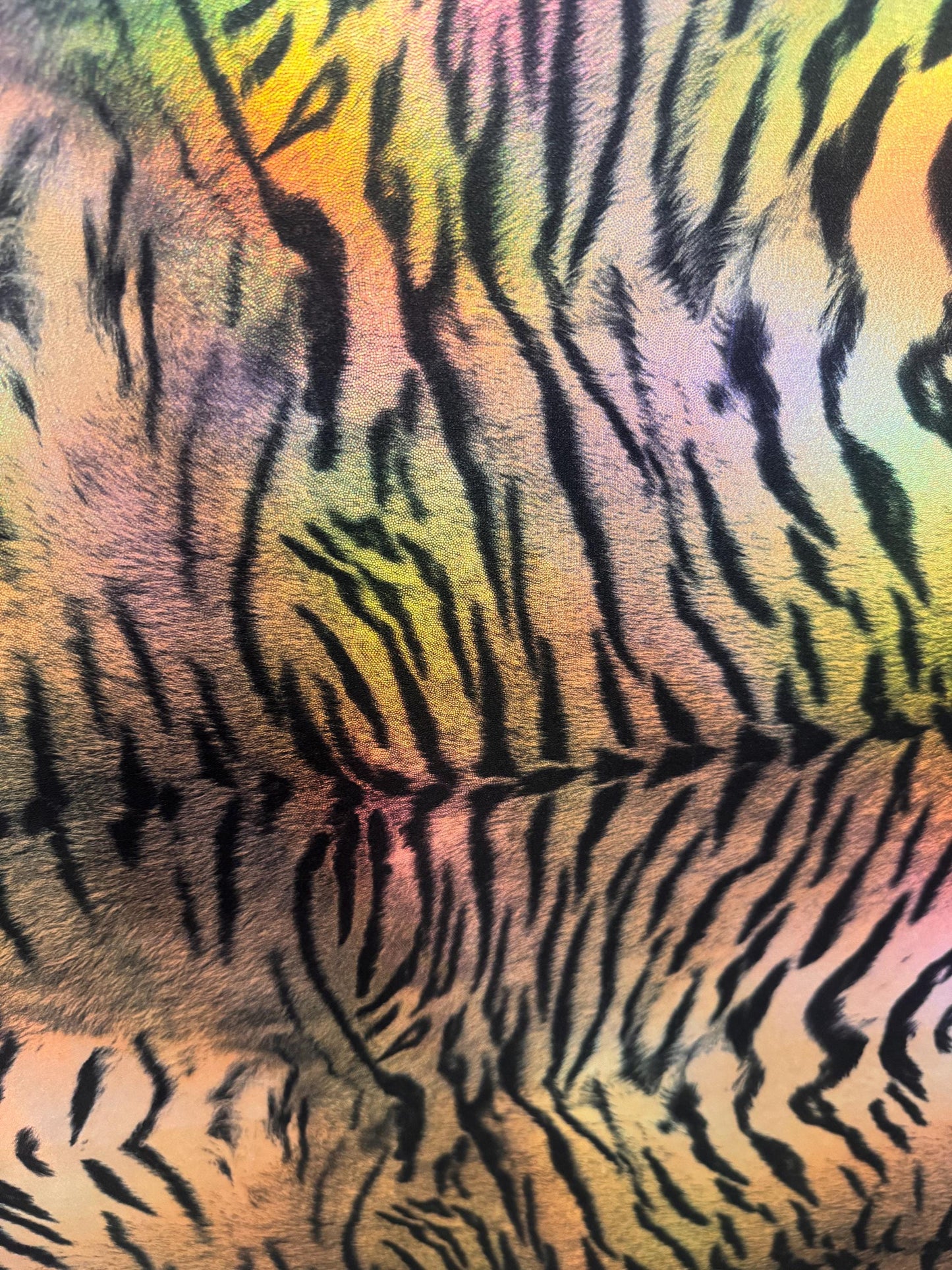 New Iridescent Luxury Exotic tiger design print on holograma metallic nylon spandex 4way stretch 58/60”Sold by the YD.