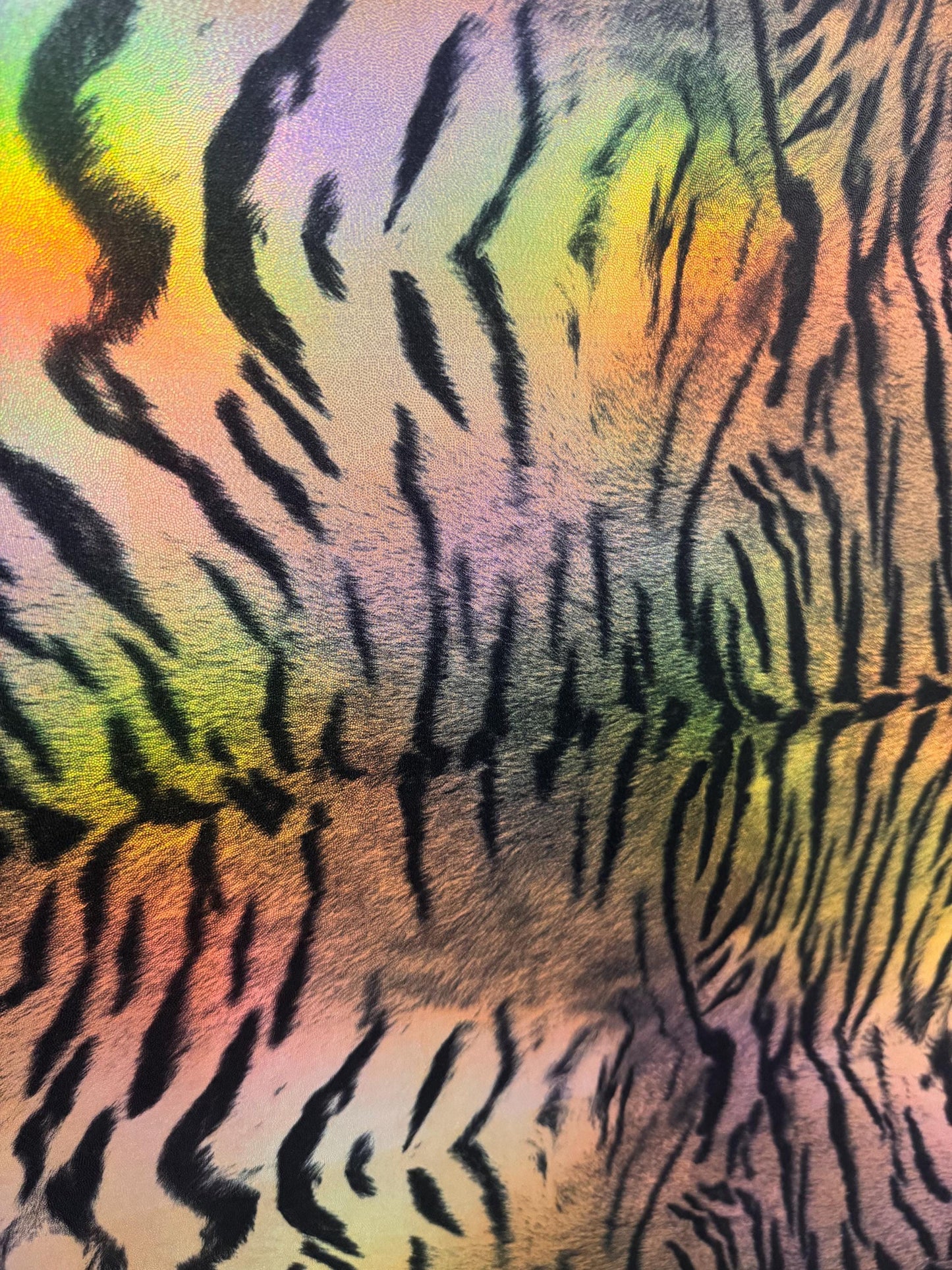 New Iridescent Luxury Exotic tiger design print on holograma metallic nylon spandex 4way stretch 58/60”Sold by the YD.