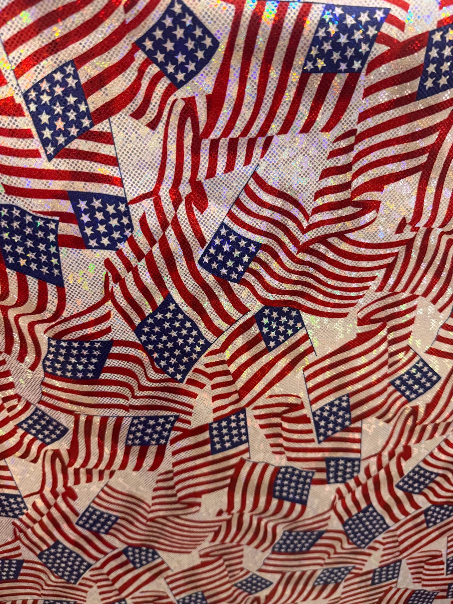 New American flag design print on metallic shattered glass nylon spandex 4-stretch 58/60”sold by the YD. ships Worldwide from Los Angeles CA