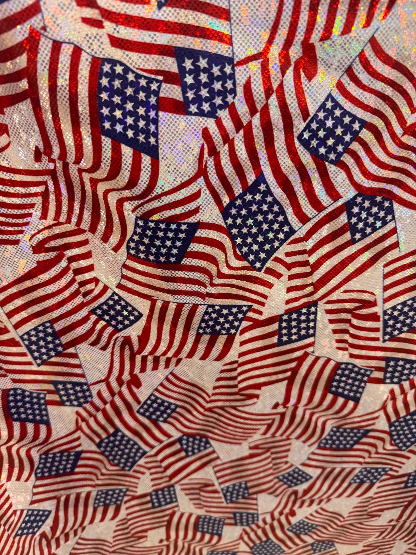 New American flag design print on metallic shattered glass nylon spandex 4-stretch 58/60”sold by the YD. ships Worldwide from Los Angeles CA
