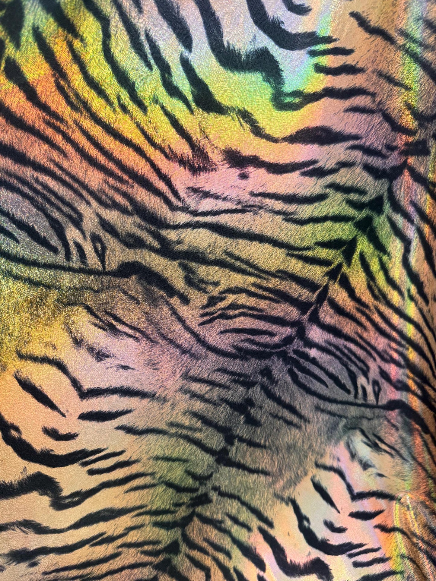 New Iridescent Luxury Exotic tiger design print on holograma metallic nylon spandex 4way stretch 58/60”Sold by the YD.