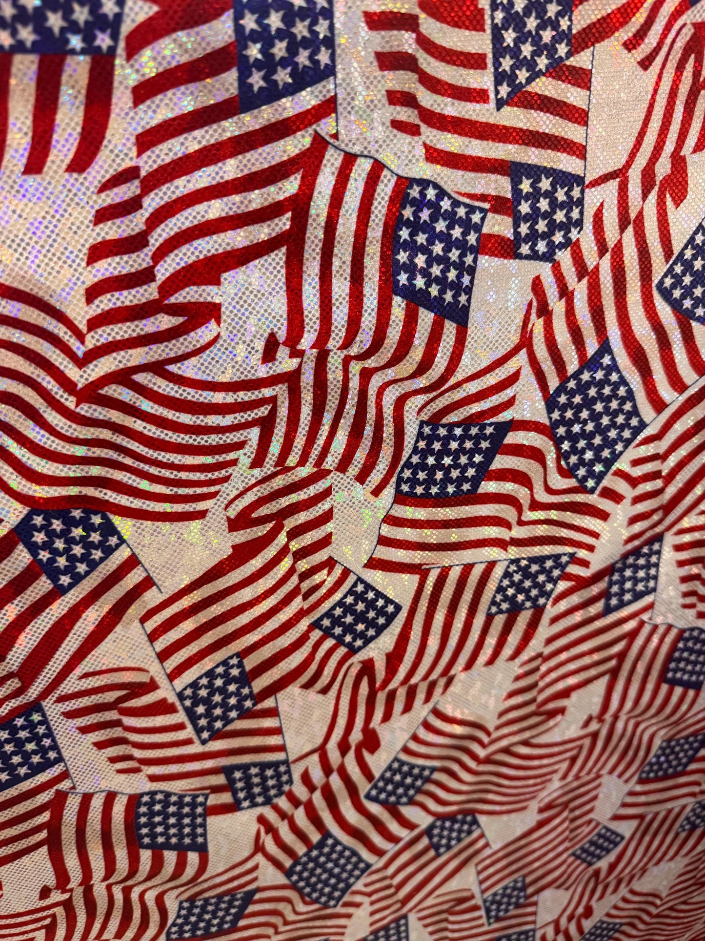 New American flag design print on metallic shattered glass nylon spandex 4-stretch 58/60”sold by the YD. ships Worldwide from Los Angeles CA