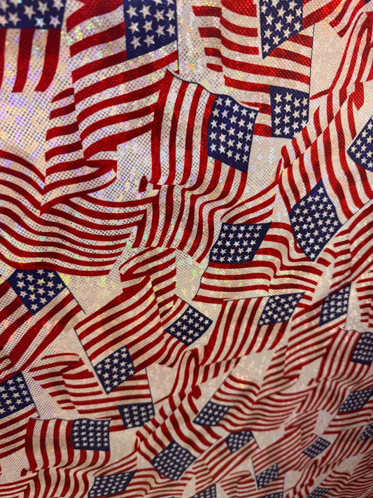 New American flag design print on metallic shattered glass nylon spandex 4-stretch 58/60”sold by the YD. ships Worldwide from Los Angeles CA