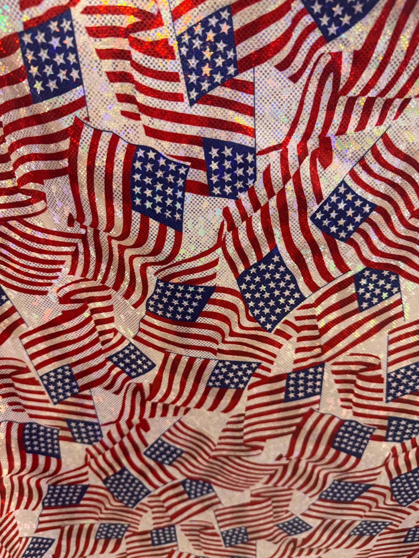 New American flag design print on metallic shattered glass nylon spandex 4-stretch 58/60”sold by the YD. ships Worldwide from Los Angeles CA