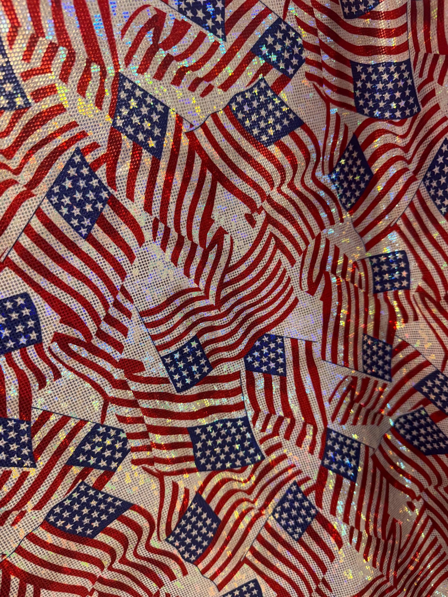 New American flag design print on metallic shattered glass nylon spandex 4-stretch 58/60”sold by the YD. ships Worldwide from Los Angeles CA