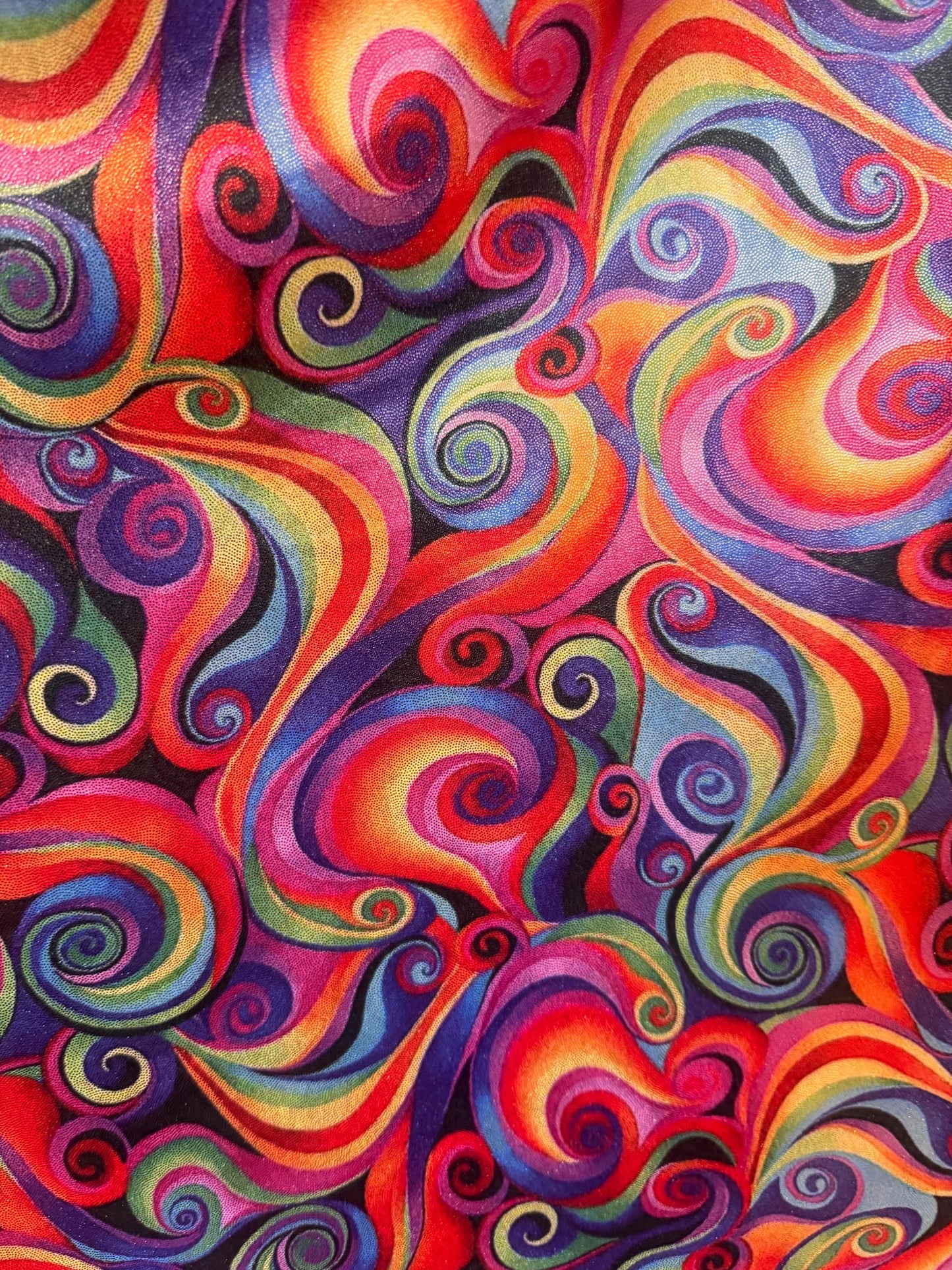 New Multicolor Swirl design print on metallic nylon spandex with foil 4-way stretch 58/60”Sold by the YD.Ships worldwide from LA.