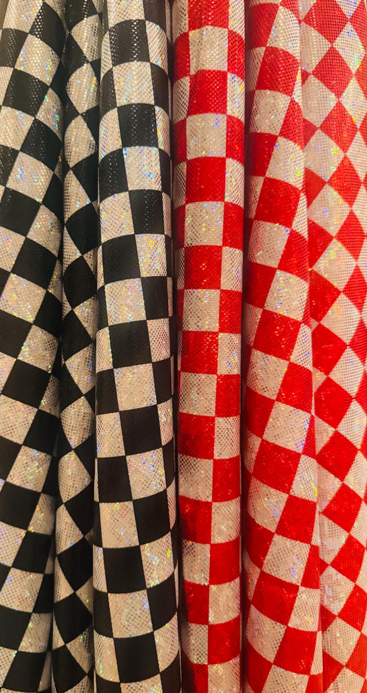 New Checkered pattern design 1”size print on shattered glass holograma metallic nylon spandex 4way stretch 58/60”Sold by the YD.