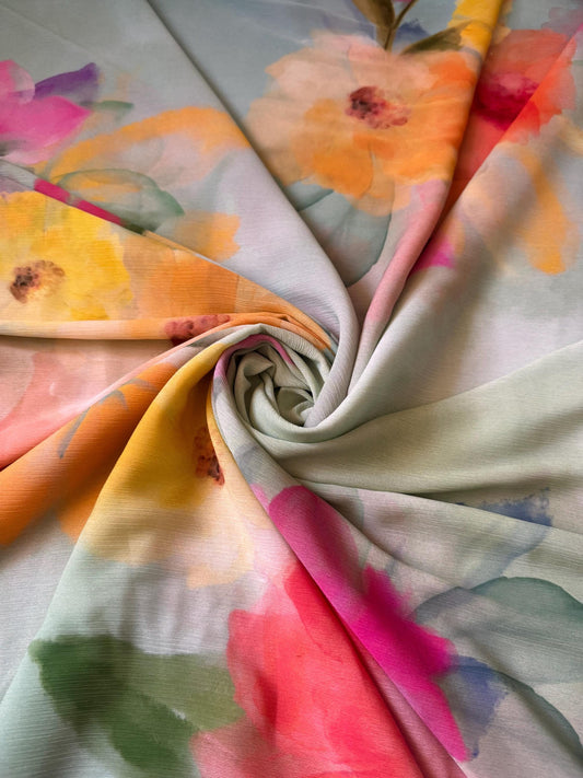 Beautiful flowers design print on high quality of chiffon silk non stretch 58/60 sold by the YD. ships Worldwide from Los Angeles California