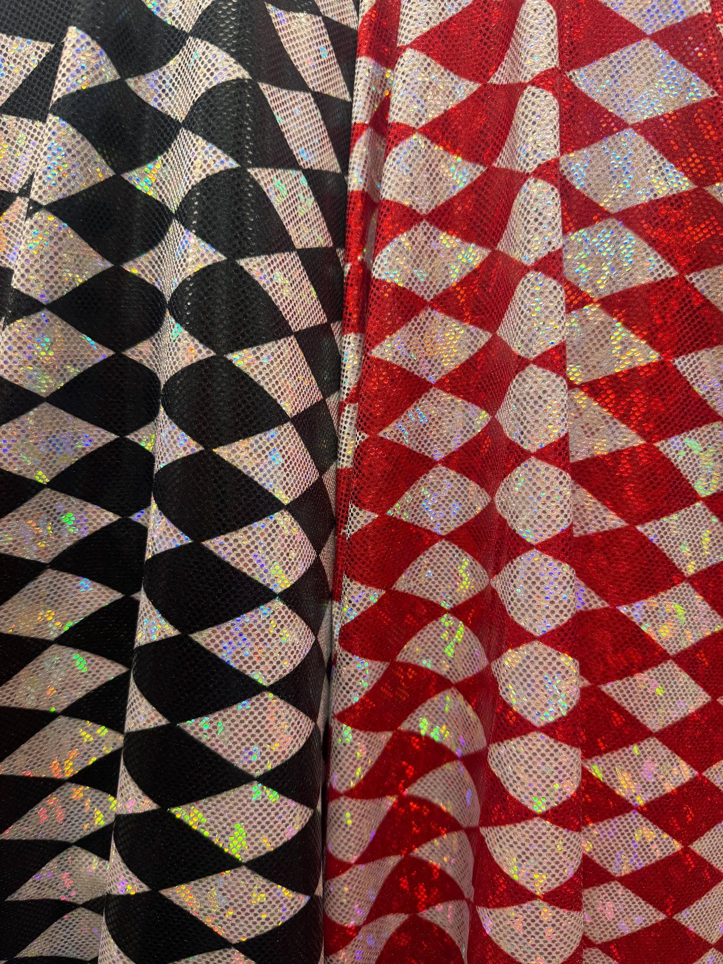 New Diamond Harlequin design print on shattered glass holograma metallic nylon spandex 4way stretch 58/60”Sold by the YD.from Los Angeles