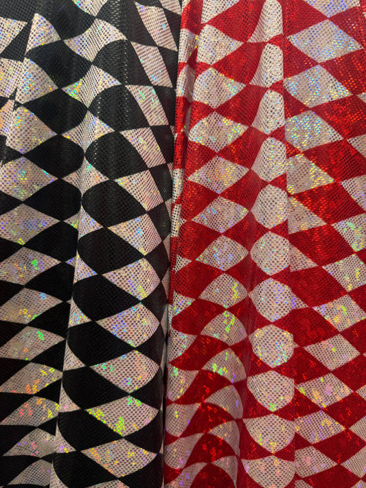 New Diamond Harlequin design print on shattered glass holograma metallic nylon spandex 4way stretch 58/60”Sold by the YD.from Los Angeles