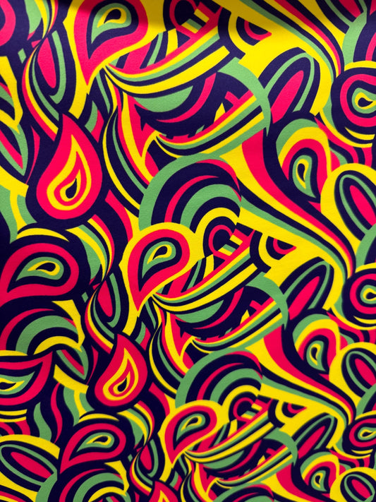 New colorful paisley design print on the best quality of nylon spandex 4-way stretch 58/60”Sold by the YD.Ships worldwide from Los Angeles