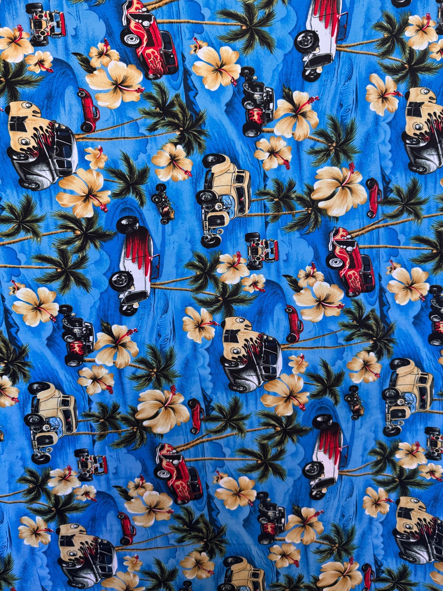 New Island Tropical and Woody Cars design print on the best quality of nylon spandex 4-stretch 58/60”sold by the YD.ships worldwide from LA