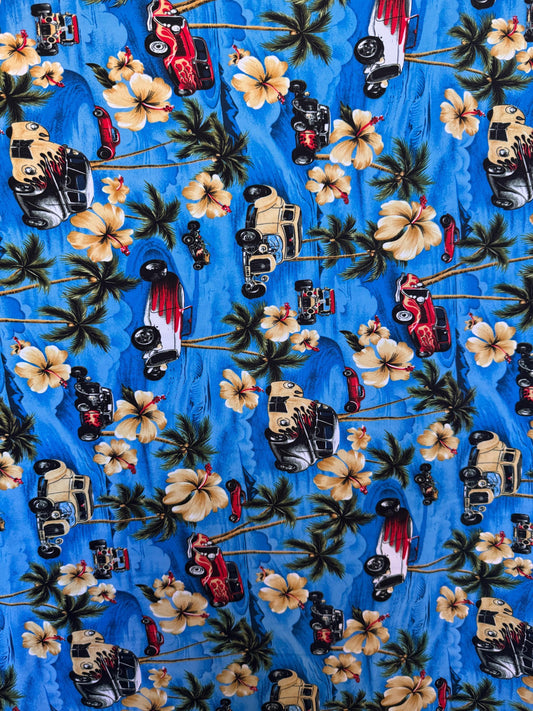 New Island Tropical and Woody Cars design print on the best quality of nylon spandex 4-stretch 58/60”sold by the YD.ships worldwide from LA