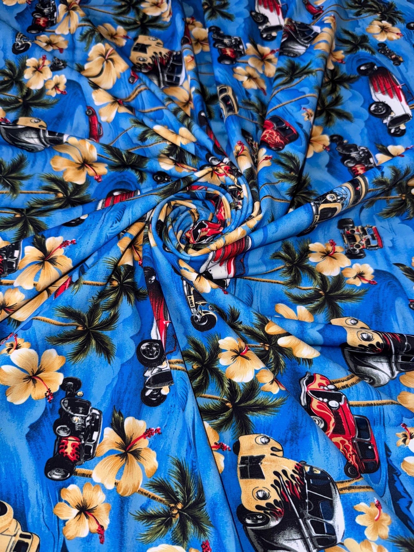 New Island Tropical and Woody Cars design print on the best quality of nylon spandex 4-stretch 58/60”sold by the YD.ships worldwide from LA