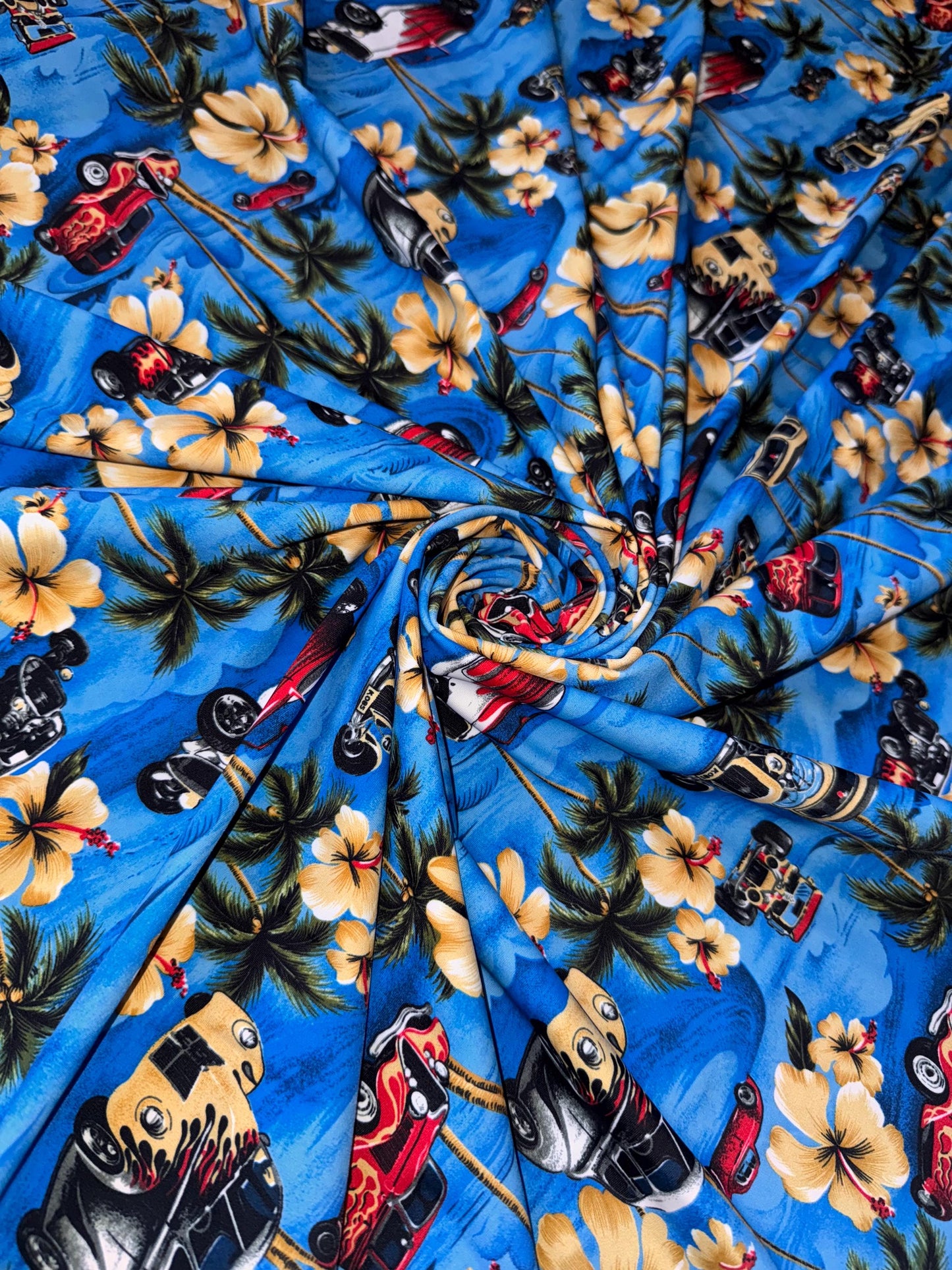 New Island Tropical and Woody Cars design print on the best quality of nylon spandex 4-stretch 58/60”sold by the YD.ships worldwide from LA