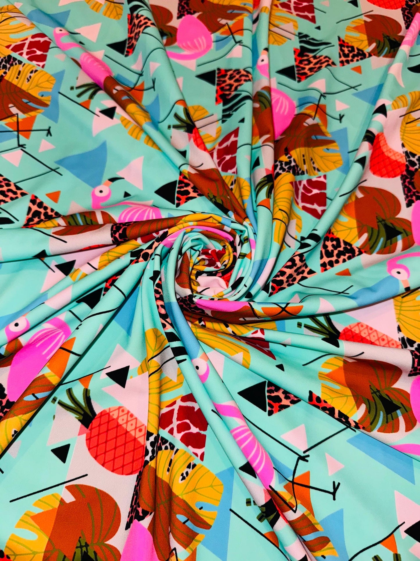 New Tropical Flamingo design print on the best quality of nylon spandex 4-stretch 58/60”sold by the YD.ships worldwide from Los Angeles CA