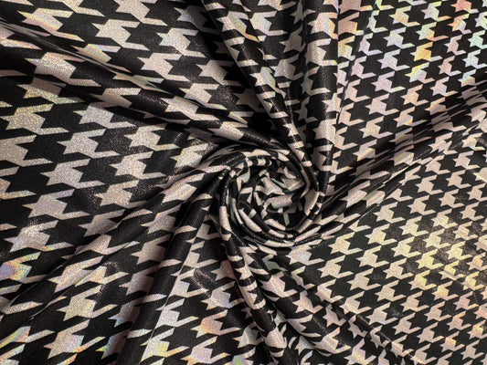 Houndstooth Luxury pattern design with iridescent foil metallic nylon spandex 4-way stretch 58/60”Sold by the YD.Ships worldwide from LA