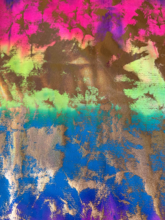 NEW Tie Dye with splatter metallic design print on the best quality of nylon spandex-4-way 58/60”sold by the YD.ships worldwide from LA