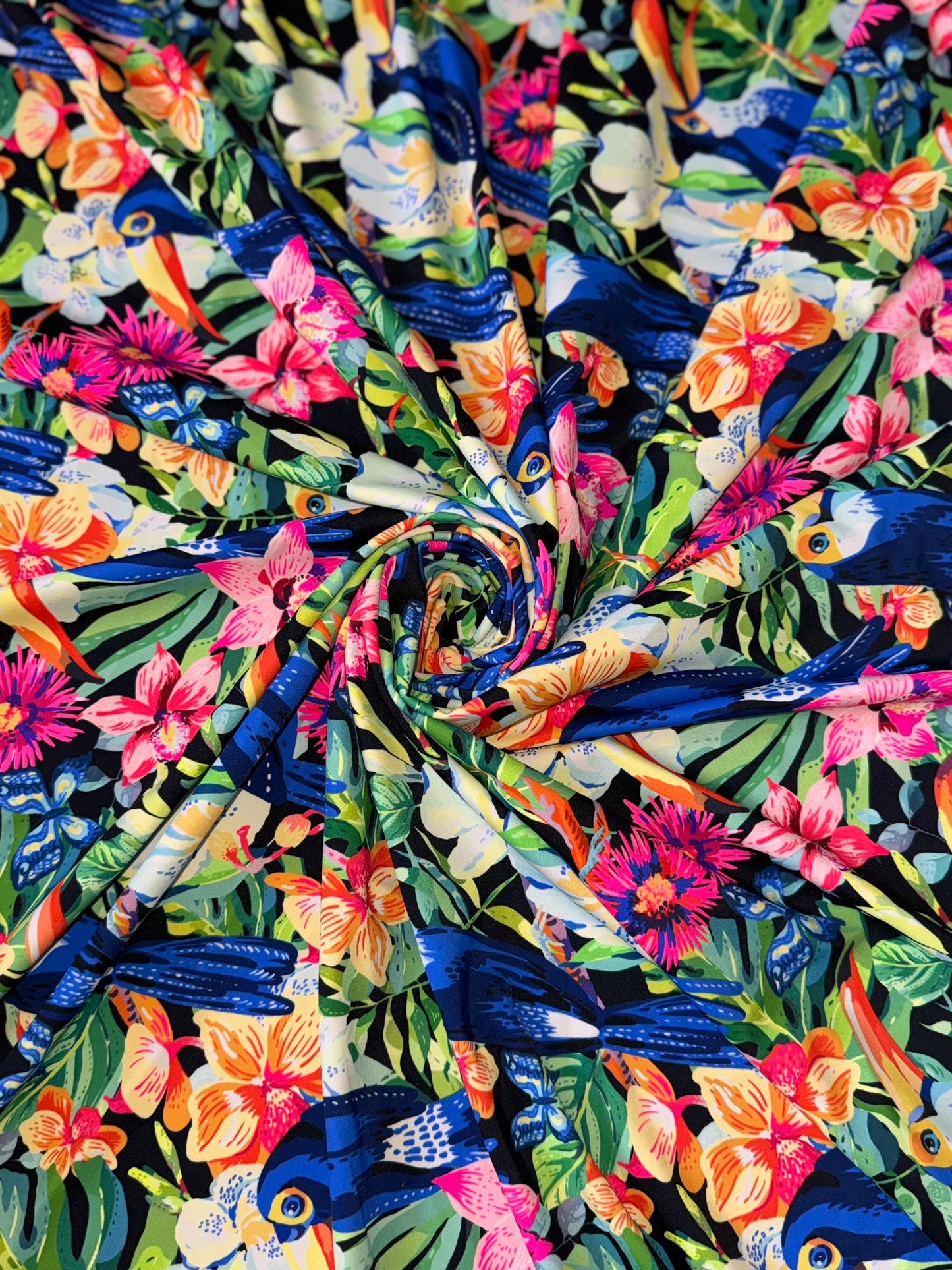Tropical Birds pattern design print on the best quality nylon spandex4-way stretch 58/60”sold by the YD. ships Worldwide from Los Angeles