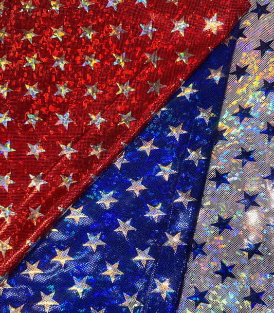 New Starlight pattern design on shattered glass holograma metallic nylon spandex 4way stretch 58/60”Sold by the YD.from Los Angeles CA USA.