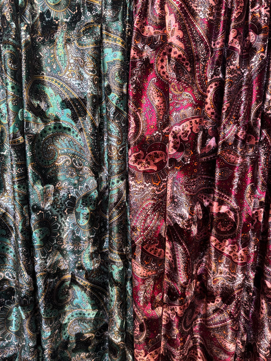 Modern paisley pattern design on stretch velvet 4-way stretch 58/60”sold by the YD. Ships Worldwide from Los Angeles California USA
