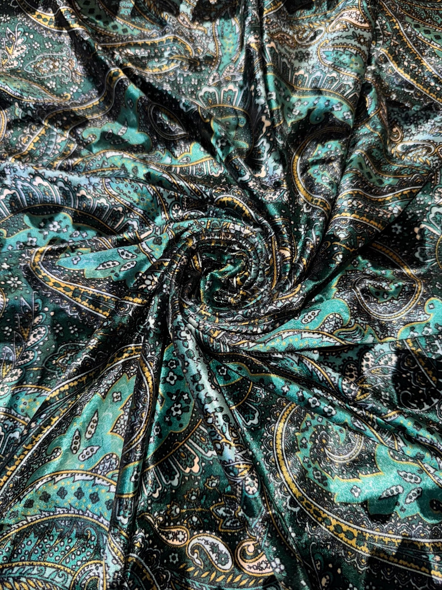 Modern paisley pattern design on stretch velvet 4-way stretch 58/60”sold by the YD. Ships Worldwide from Los Angeles California USA