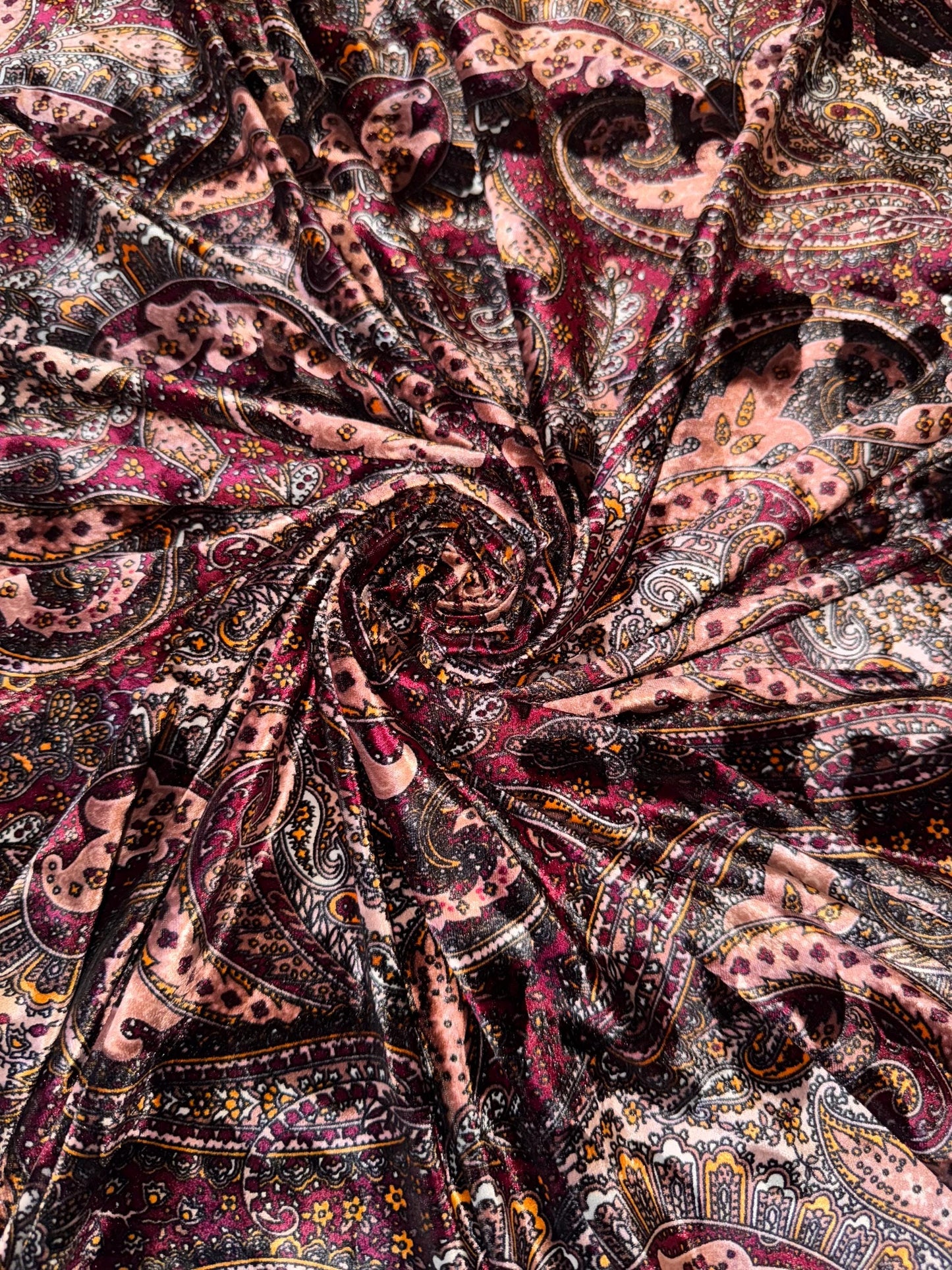 Modern paisley pattern design on stretch velvet 4-way stretch 58/60”sold by the YD. Ships Worldwide from Los Angeles California USA