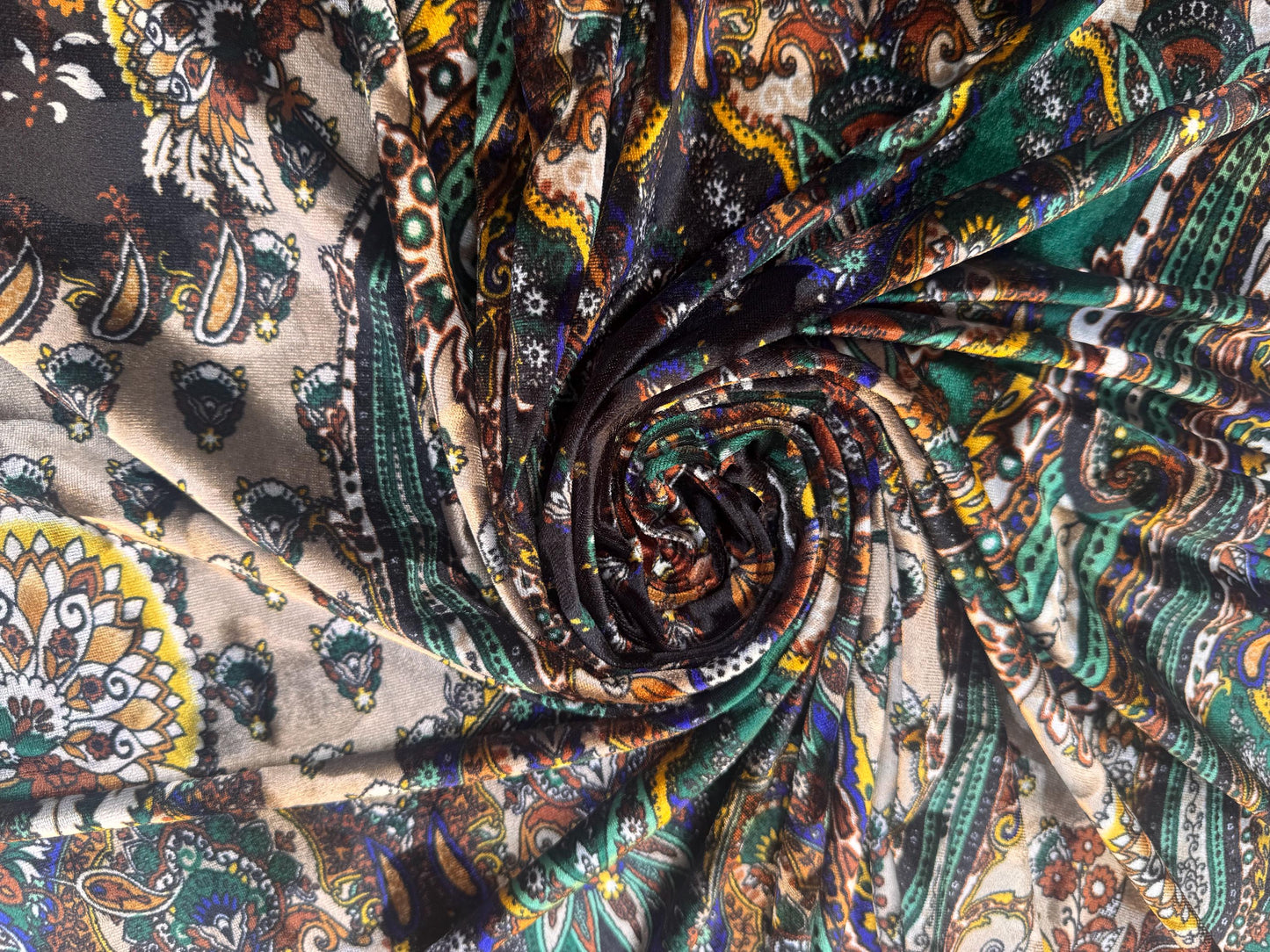 Luxury floral paisley pattern design on stretch velvet 4-way stretch 58/60”sold by the YD. Ships Worldwide from Los Angeles California USA