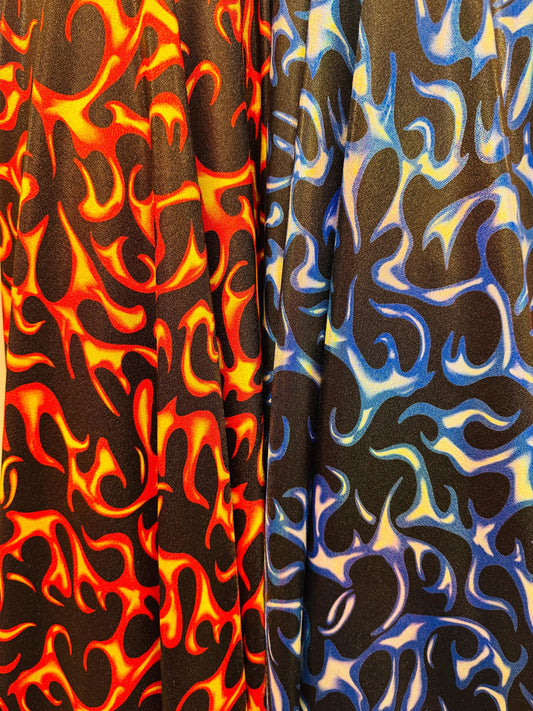 New Ghost Rider flames design print on metallic hologram nylon spandex 58/60”Sold by the YD.Ships worldwide from Los Angeles California