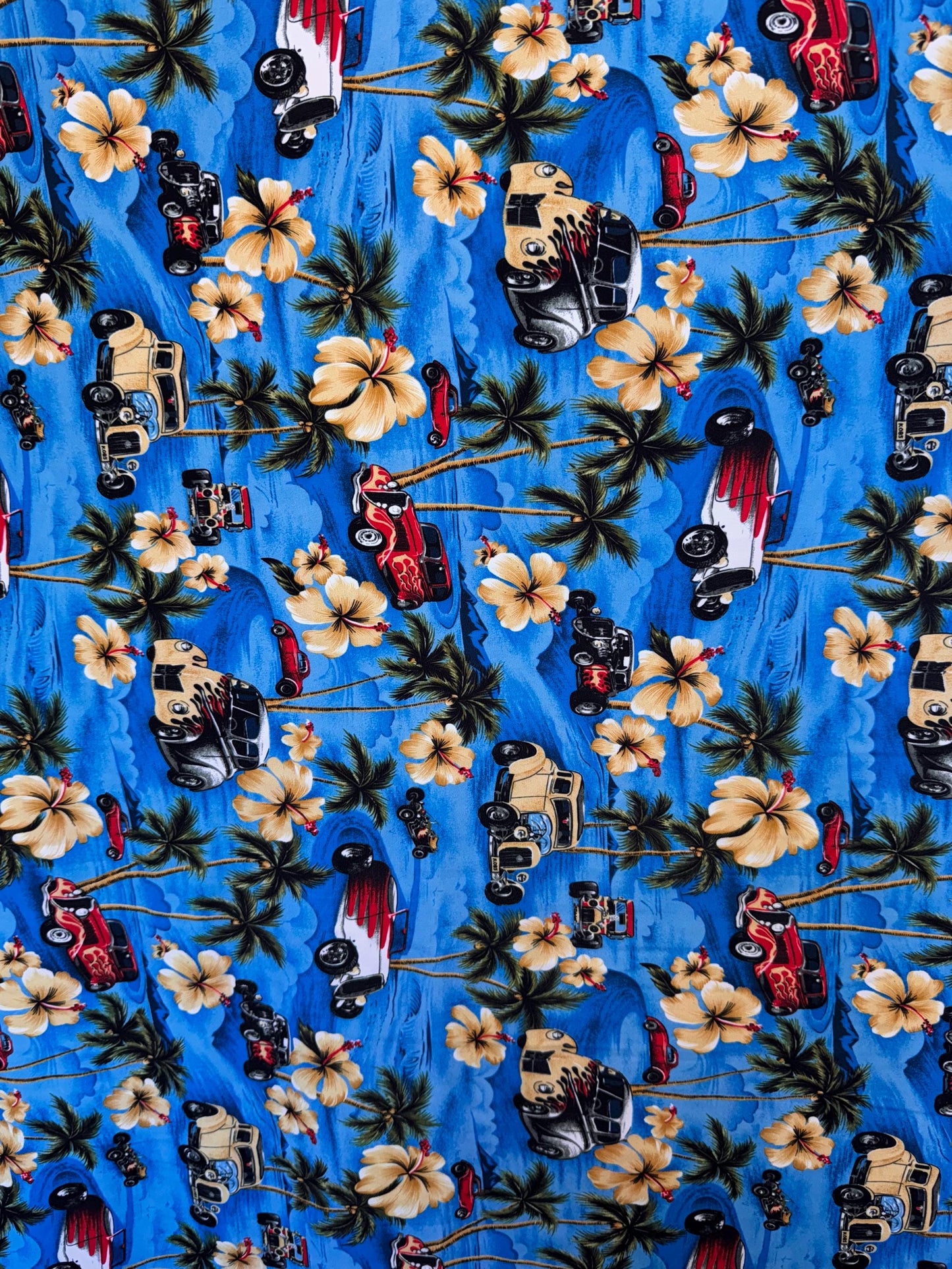 New Island Tropical and Woody Cars design print on the best quality of nylon spandex 4-stretch 58/60”sold by the YD.ships worldwide from LA