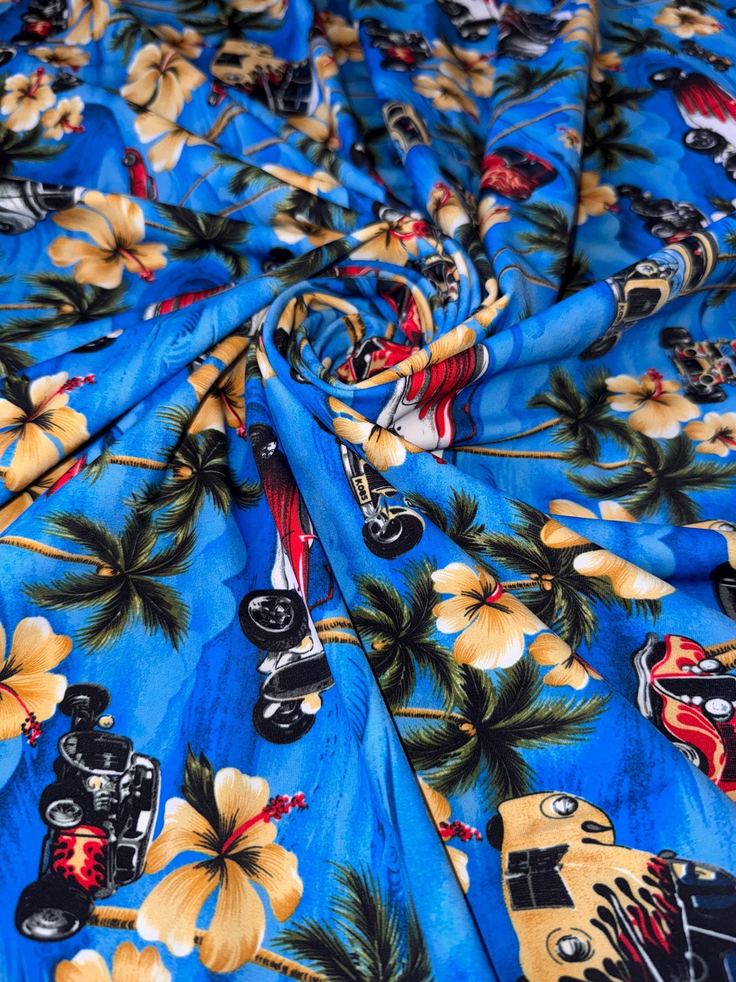 New Island Tropical and Woody Cars design print on the best quality of nylon spandex 4-stretch 58/60”sold by the YD.ships worldwide from LA