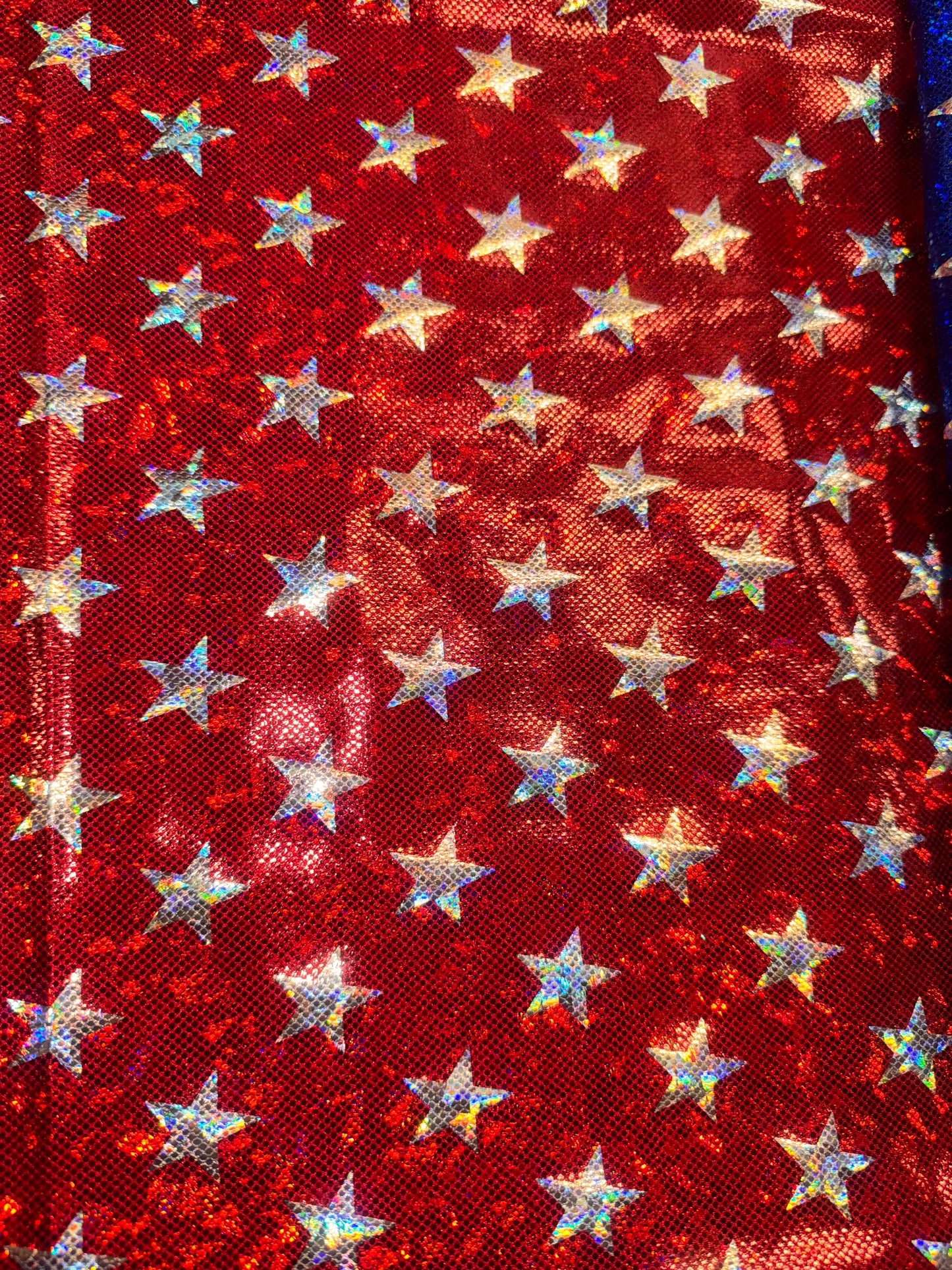New Starlight pattern design on shattered glass holograma metallic nylon spandex 4way stretch 58/60”Sold by the YD.from Los Angeles CA USA.
