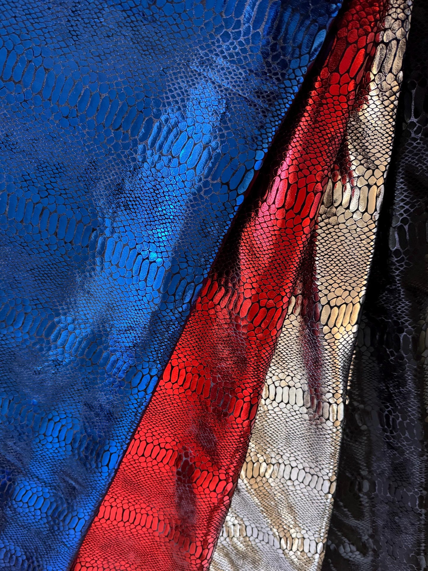 New skin snake designs on metallic stretch velvet poly spandex 4way stretch 58/60” by the YD.Ships worldwide from Los Angeles CA.
