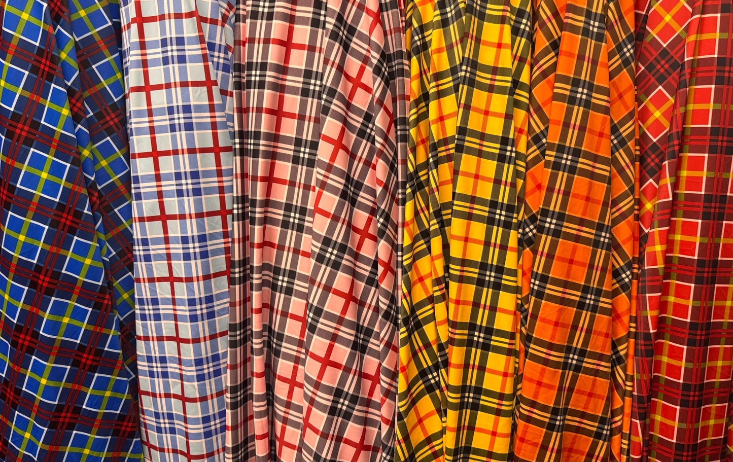 New Tartan plaids pattern design print on the best quality nylon spandex 4- way stretch 58/60”solid by the YD. ships Worldwide from LA USA.