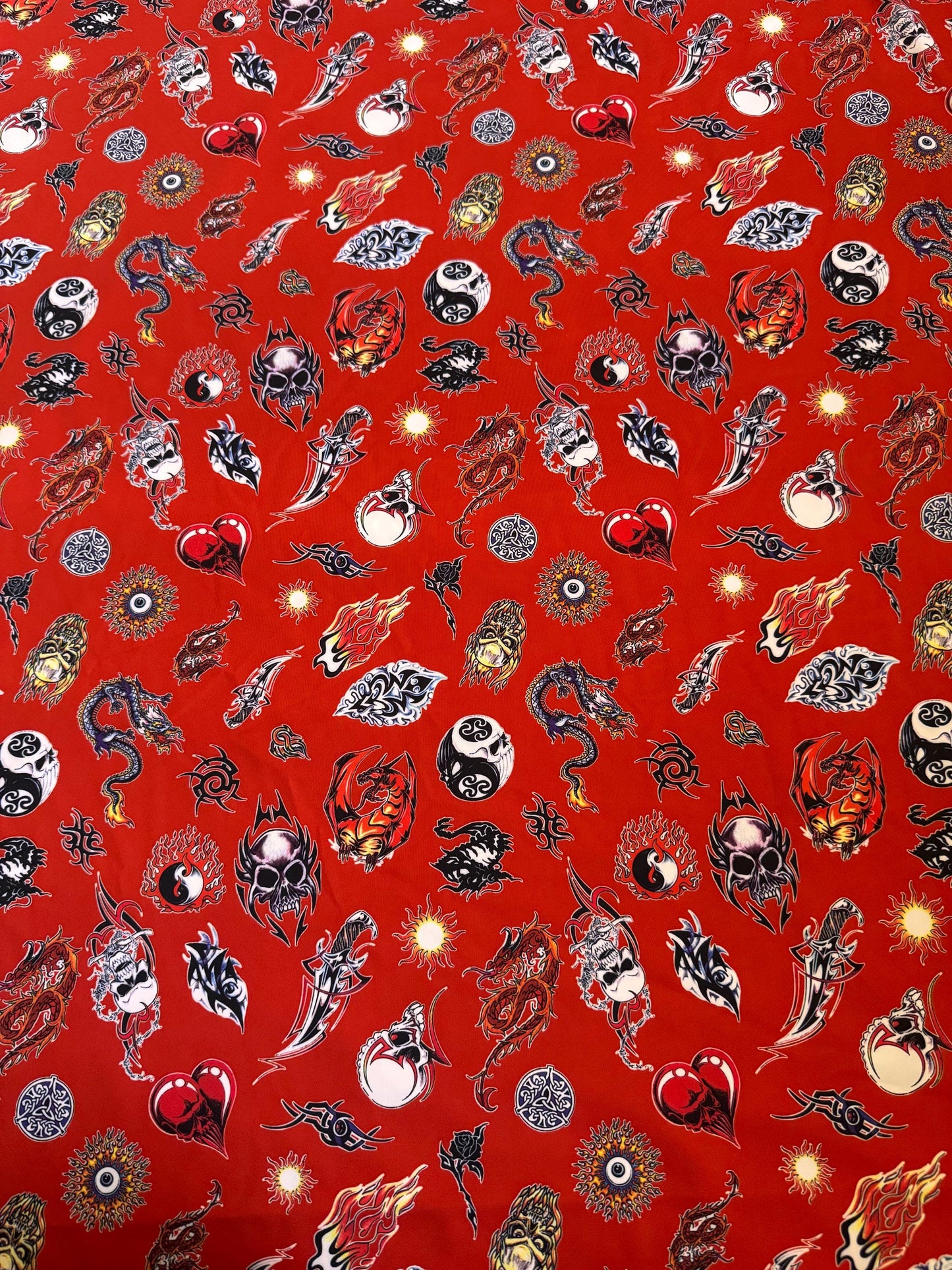 Modern tattoo art pattern design print on the best quality of nylon spandex 4-stretch 58/60”sold by the YD. ships worldwide from Los Ángeles