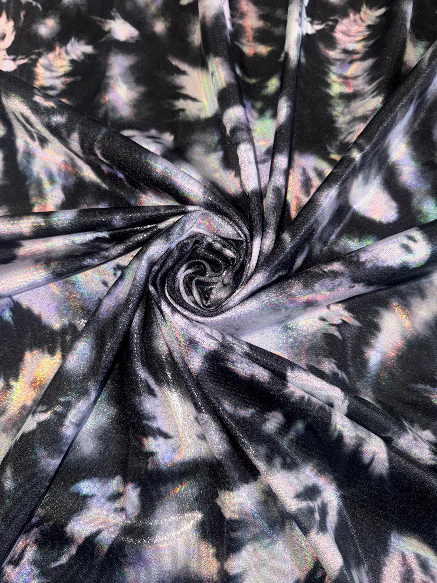 New Ghost Midnight design iridescent metallic with foggy foil nylon spandex 4-stretch 58/60”sold by the YD.ships worldwide from Los Angeles