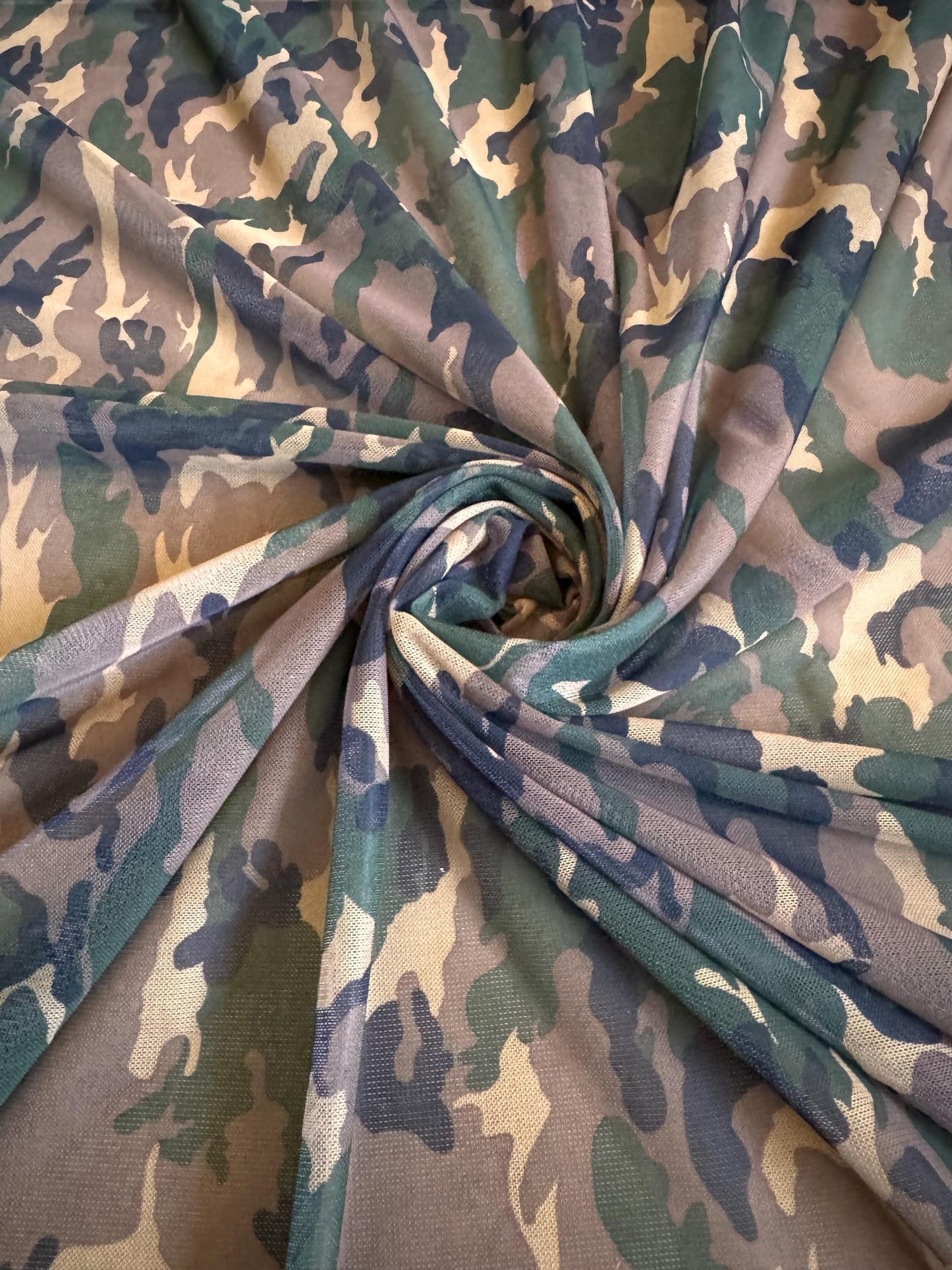 New Army Camouflage design print on power mesh nylon spandex 4-way stretch 58/60”Sold by the YD.Ships worldwide from Los Angeles California.
